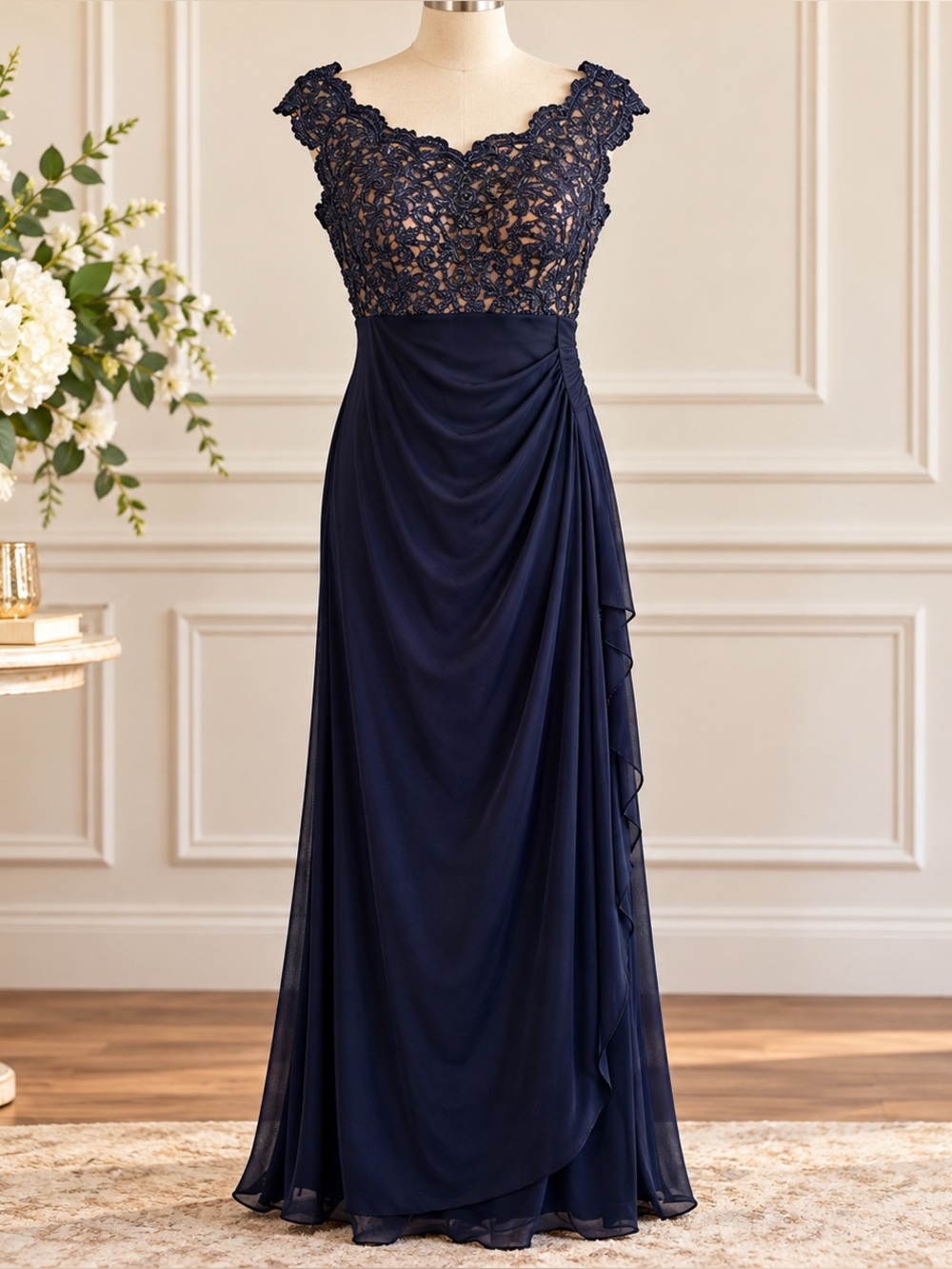 Xscape Navy Lace Bodice Evening Gown Mother of Bride/Groom